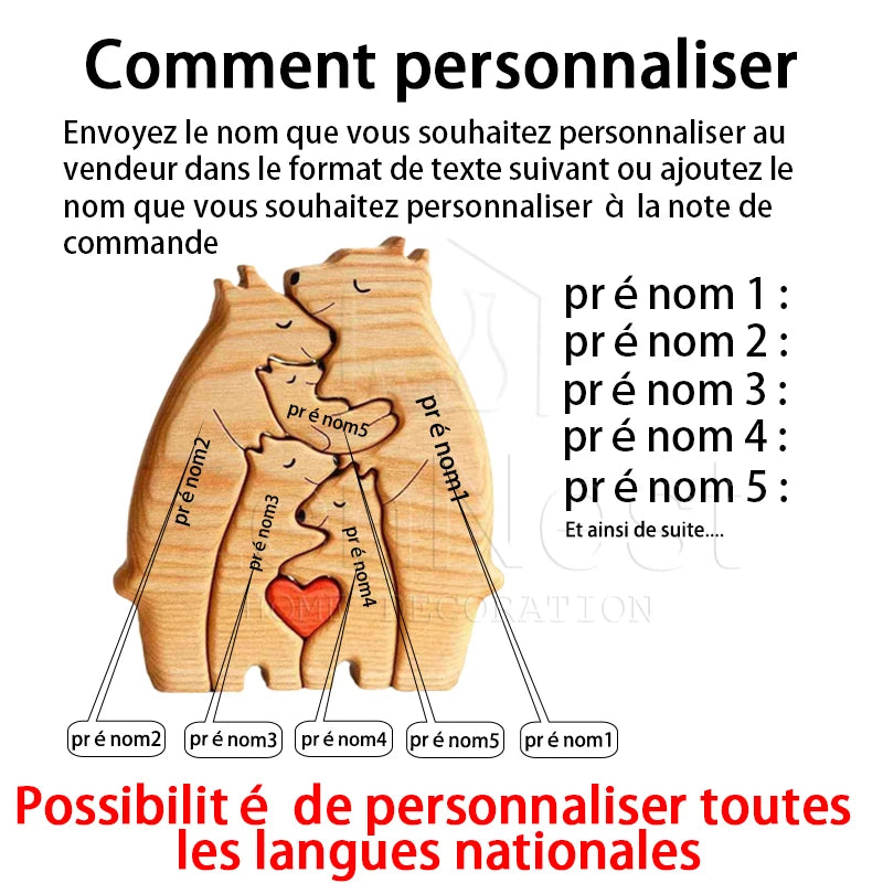 Puzzle en bois – Famille d’ours personnalisée